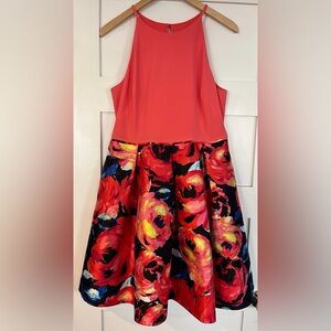 Adrianna Papell Coral and Floral Fit-and-Flare Dress